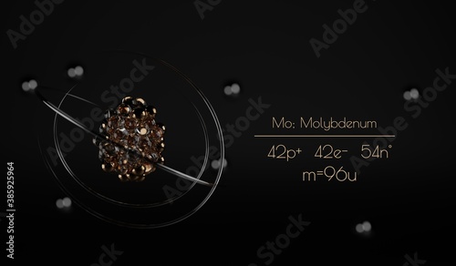 A stylized Molybdenum atom visualization, with the number of protons, neutrons, electrons and its name written next to it. A 3d render.