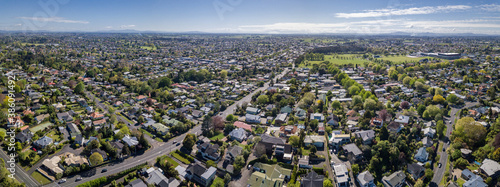 Aerial drone panoramic view over Fairfield and Claudelands in the city of Hamilton, in the Waikato region of New Zealand