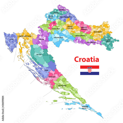 Croatia municipalities high detailed vector map colored by counties. Flag of Croatia