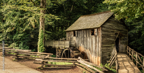 Old wooden water mill located in Smoky Mountains in USA, North Carolina