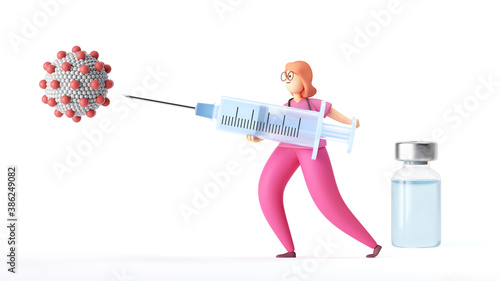 3d render. Woman doctor cartoon character fights Coronavirus infection. Vaccine against covid-19 virus inside big syringe. Clip art isolated on white background. Vaccination medical concept