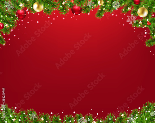 Xmas Border With Fir Tree Red Background With Gradient Mesh, Vector Illustration