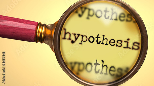 Examine and study hypothesis, showed as a magnify glass and word hypothesis to symbolize process of analyzing, exploring, learning and taking a closer look at hypothesis, 3d illustration