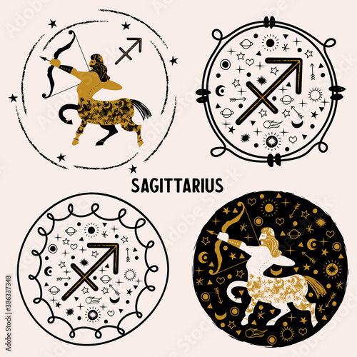 Sagittarius. Zodiac sign. The centaur shoots a bow. Set of vector emblems.