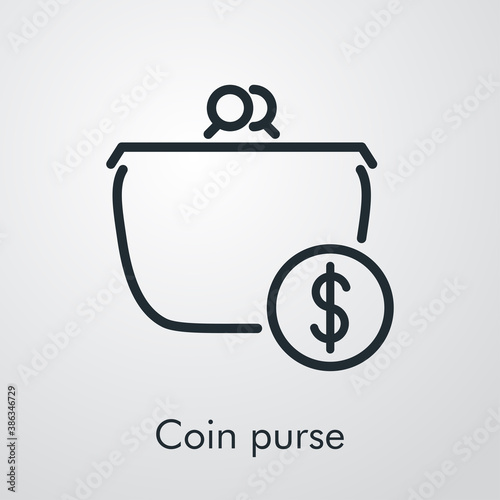 Icono lineal con texto Coin purse con monedero con símbolo de dólar en círculo en fondo gris