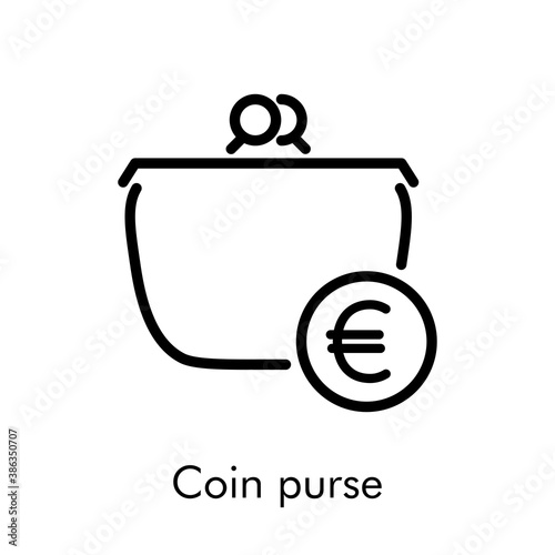 Icono lineal con texto Coin purse con monedero con símbolo de euro en círculo en color negro