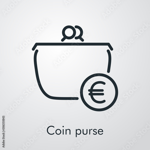 Icono lineal con texto Coin purse con monedero con símbolo de euro en círculo en fondo gris
