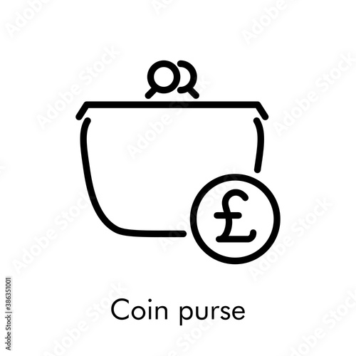 Icono lineal con texto Coin purse con monedero con símbolo de libra sterling en círculo en color negro