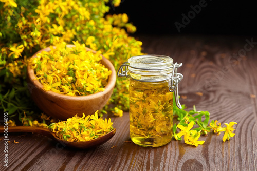 Herbal infusion of Hypericum perforatum or St johns wort flowers