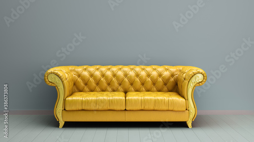 simple room interior render yellow color presentation with white leather sofa 3d render image
