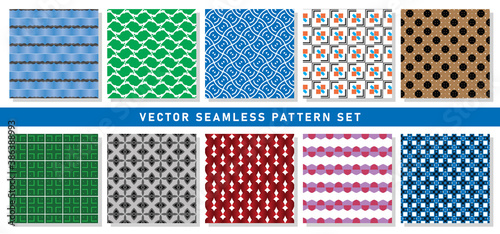 Vector seamless pattern texture background set with geometric shapes in blue, green, white, orange, black, grey, brown, red, violet colors.