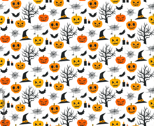 Seamless vector Halloween pattern. Horror mystery background for fabric, textile, cover, wrapping, web etc. 10 eps design. Classic black and orange wallpaper.