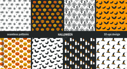 Set of seamless vector Halloween patterns. Scary repeat backgrounds for fabric, textile, cover, wrapping, web etc. 10 eps design. Classic black and orange wallpapers.