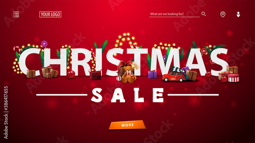 Christmas sale, red discount banner with 3D white great headline decorated with presents, Christmas tree branches, candy and garland, large offer and button. Discount banner for website
