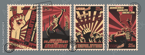 Revolution, Equality, Socialism Old Soviet Postage Stamps Stylization
