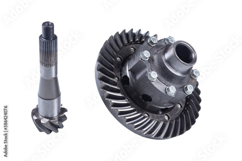 Rear axle differential Assembly with main pair of 9 teeth Russian car shaft isolated on a white background