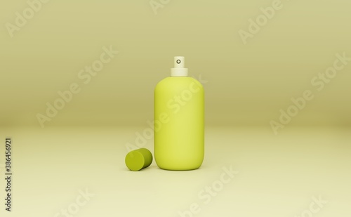 Elegant cosmetic bottle on yellow background.Cosmetic designs Modern cover design. 3d illustration.