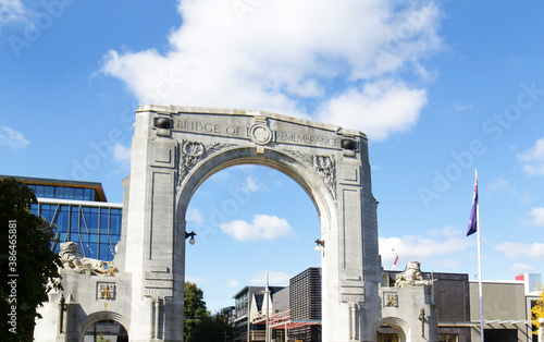 Arch at Bridge of Remembrance on a cloudy day. Landmark located at City Center in Christchurch, New Zealand.