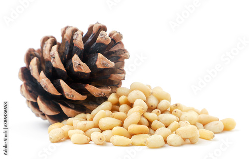 Pine nut heap and pine cone on a white background. Isolated