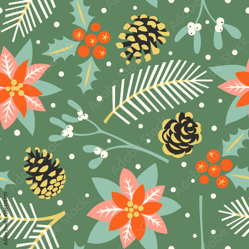 Vector seamless pattern with the traditional Christmas floral elemens: mistletoe, holly, poinsettia, fir cones and fir branches. The illustration in vintage style. 