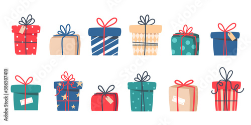 Set of Christmas gifts, New Year presents, gift boxes with ribbons, vector illustration in flat style