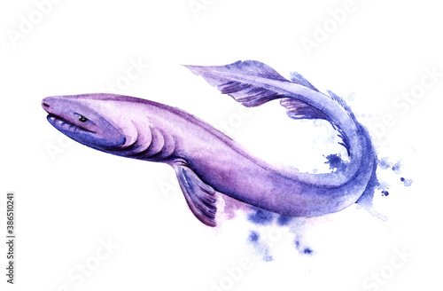 Watercolor image of cartoon frilled shark of purple color on white background. Hand drawn illustration of relict cartilaginous fish with long snake alike body with fin tail