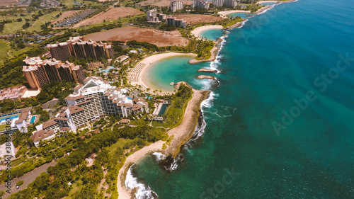 Aerial Ko Olina Resort, West Oahu coastline, Hawaii. Aulani, a Disney Resort & Spa, The Four Seasons Resort O'ahu at Ko Olina. natural and man-made lagoons with white sand beaches