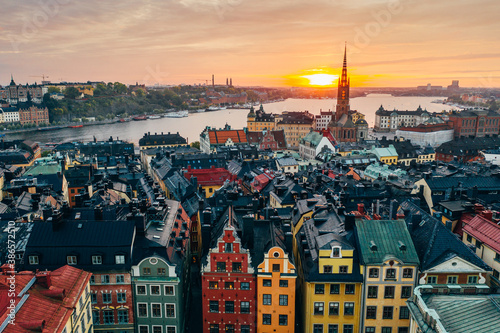 Stortorget place in Gamla stan, Stockholm in a beautiful sunset over the city. 