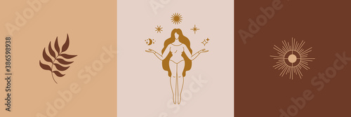 Beautiful female figure. Vector logo design template and illustration in simple minimal linear style - modern feminine art, celestial and magical abstract print