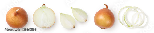 Whole and sliced onions isolated on a white background. Top view.