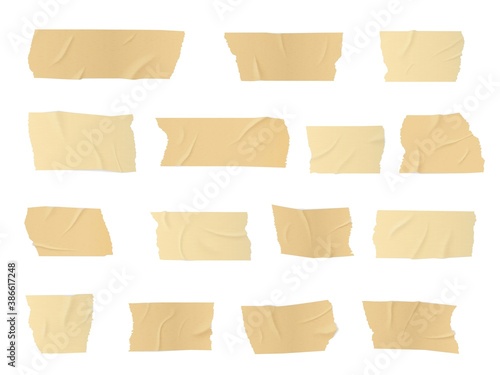 Duct tape pieces, vector adhesive stripes, glued sticky scotch tape for fix, repair or packaging purposes. Realistic 3d wrinkled beige insulating plaster or paper patches, isolated bandage objects set