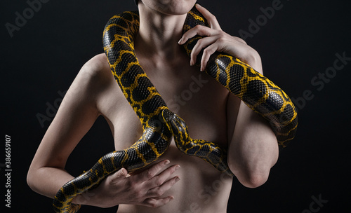 Shot of young naked woman with yellow anakonda on her neck