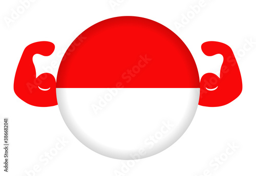 強いインドネシアのイメージイラスト（円形のインドネシア国旗と力こぶ）