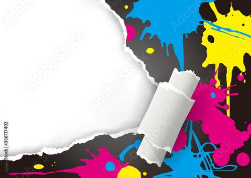 Ripped paper with CMYK colors ink splashes . Ripped paper with place for your image or text. Concept for presenting color printing. Vector available.