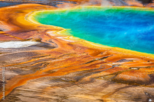 Grand Prismatic Spring closeup in Yellowstone National Park, Wyoming. The Grand Prismatic Spring in Yellowstone National Park is the largest hot spring in the United States.