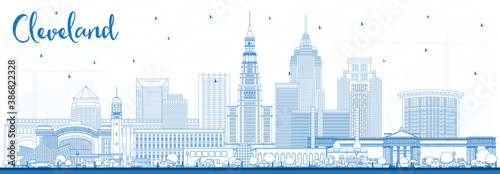 Outline Cleveland Ohio City Skyline with Blue Buildings.