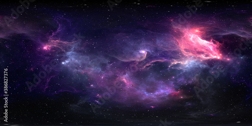 360 degree equirectangular projection space background with nebula and stars, environment map. HDRI spherical panorama