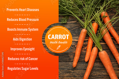 Carrots with health benefits on wooden background