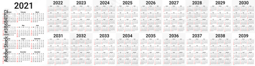 Set of calendars for 2021, 2022, 2023, 2024, 2025, 2026, 2027, 2028, 2029, 2030, 2031, 2032, 2033, 2034, 2035, 2036, 2037, 2038 and 2039. Vector grids for printing