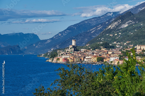 Palazzo dei Capitani is a historic building in Italy. Panoramic view of the old town of Malcesine. Italian resort on Lake Garda. Scaliger Castle in Malcesine Lake Garda Italy.