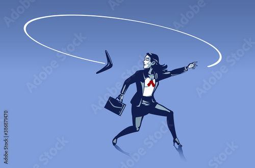 Business Woman Surprised as Boomerang He Throws Goes back to Him from Behind . Business Illustration Concept of Consequences and Karma behind Every Step We Make