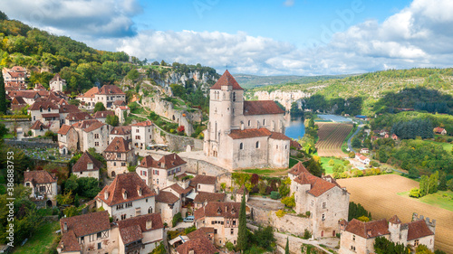 aerial view of saint cirq lapopie town, france