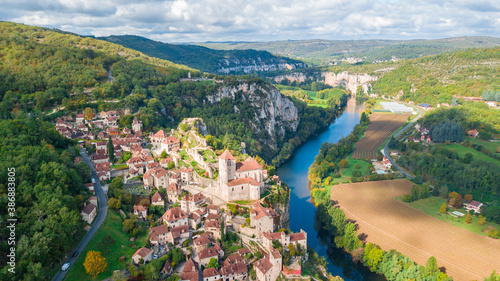 aerial view of saint cirq lapopie town, france