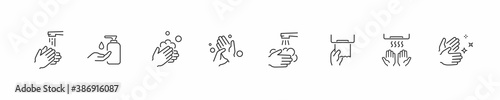 Icon set of disease prevention protect. Vector sanitizer, antiseptic, antibacterial symbols. Healthcare wash hands process with rinse water, tap, soap, towel and safety icons