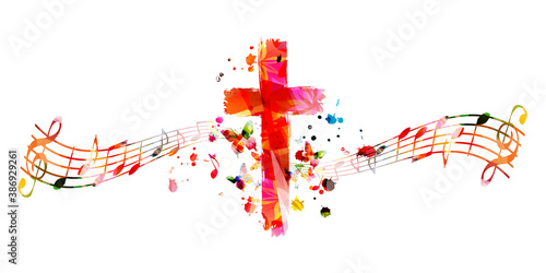 Colorful christian cross with music notes isolated vector illustration. Religion themed background. Design for gospel church music, choir singing, concert, festival, Christianity, prayer
