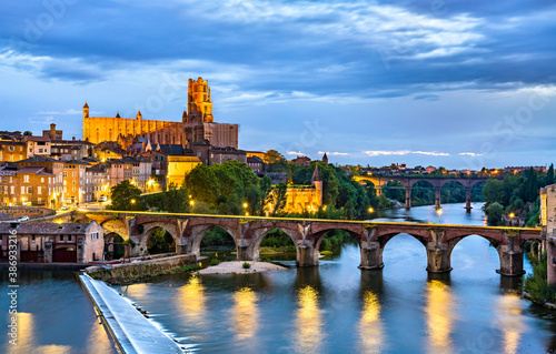 Albi featuring the Sainte-Cecile Cathedral and the Old Bridge over the river Tarn. UNESCO world heritage in France