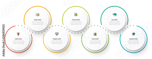 Timeline infographic design vector with icon and 7 options. Can be used for workflow diagram, info chart, annual report.