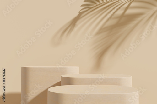 Marble product display podium with shadow nature leaves on brown background. 3D render 