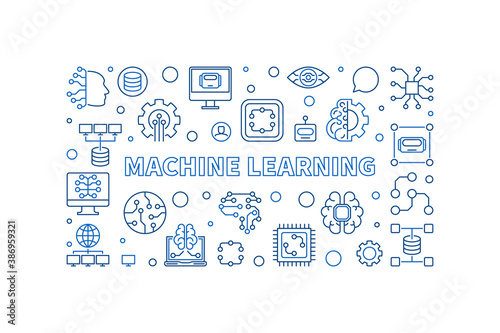 Machine Learning concept line banner. ML vector creative outline horizontal illustration