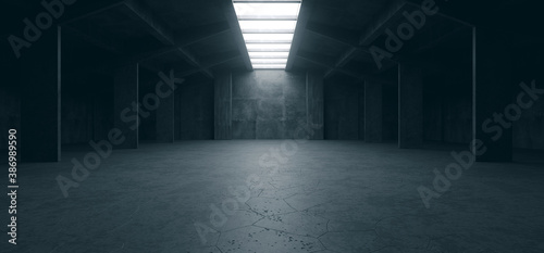 Spaceship Sci Fi Concrete Rough Cement Garage Tunnel Corridor Warehouse Showroom Underground Futuristic Modern Background 3D Rendering